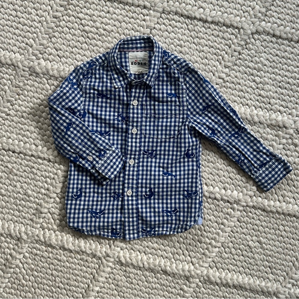 Boden Blue Gingham Button-Down Shirt with Whale Motif